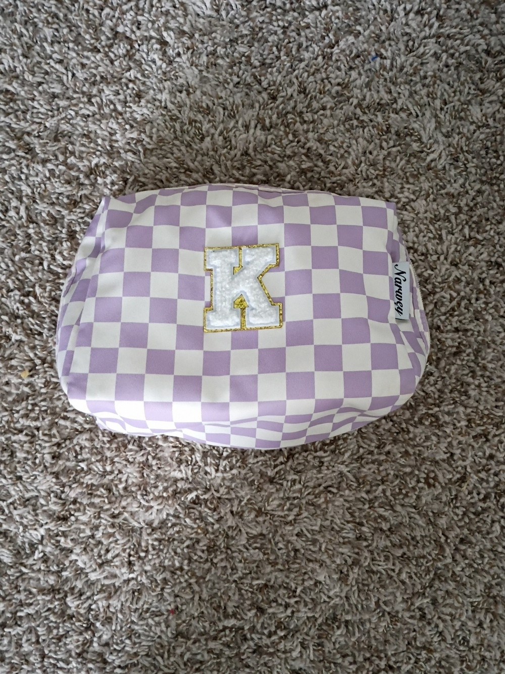 Amazon Lavender Checker Cosmetic Pouch with Gold-Trim 'K'